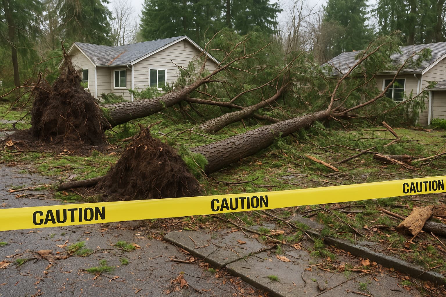 Storm damage in Fall River showing uprooted trees and scattered debris around homes, with caution tape marking hazardous areas highlighting the need for professional tree removal services